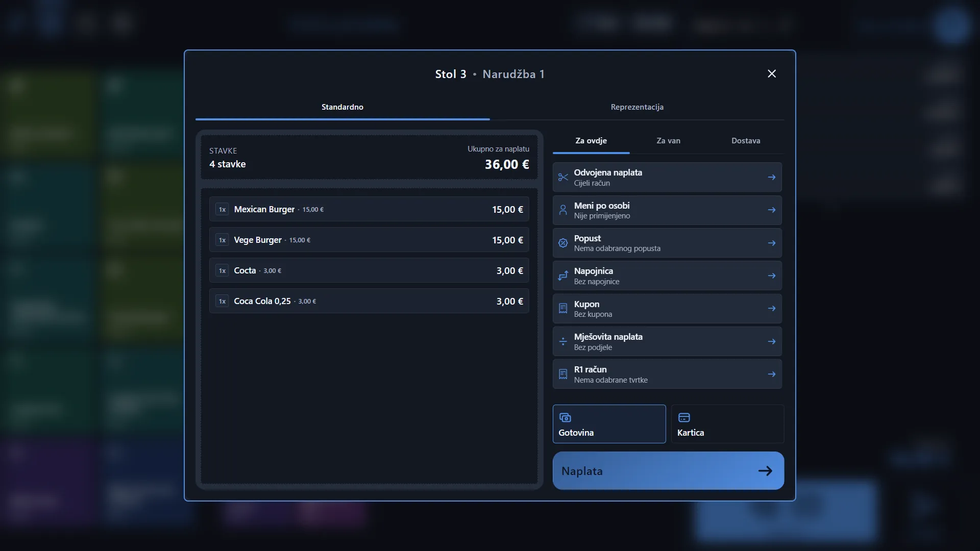 Blagajna Proxima Platform: naplata narudžbe za stol 3, s odvojenom naplatom, popustom, napojnicom, kuponom i R1 računom