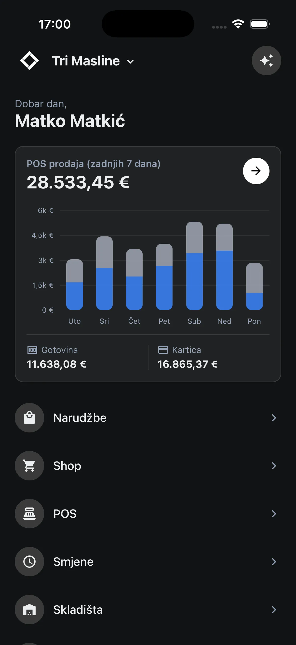 Mobilna aplikacija Proxima Platform: POS prodaja u zadnjih sedam dana, gotovinom i karticom